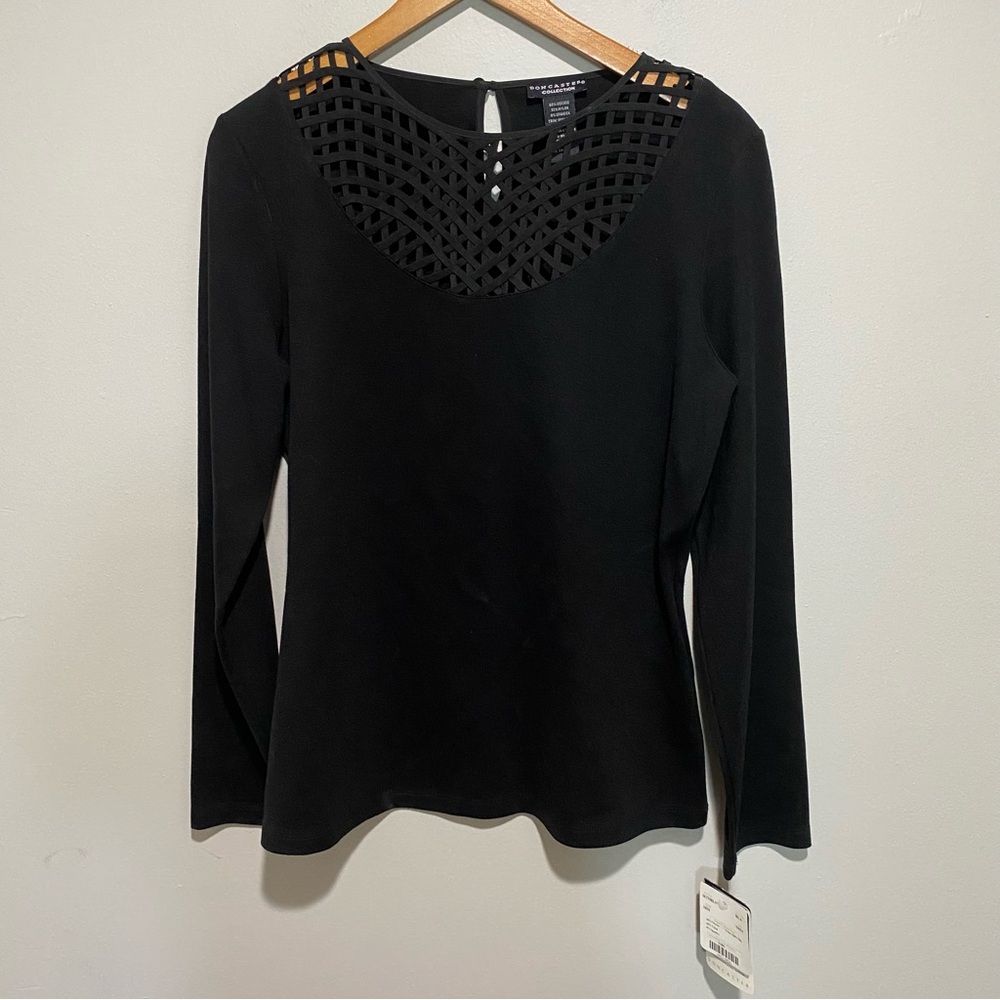 NWT DonCaster‎ Collection Women's Black Lattice Neck Blouse Size M